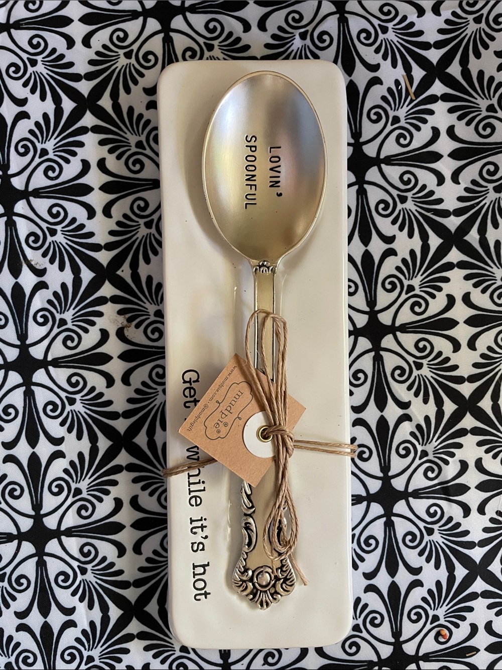 Mud Pie Silver-Tone Serving Spoon with White Ceramic Tray